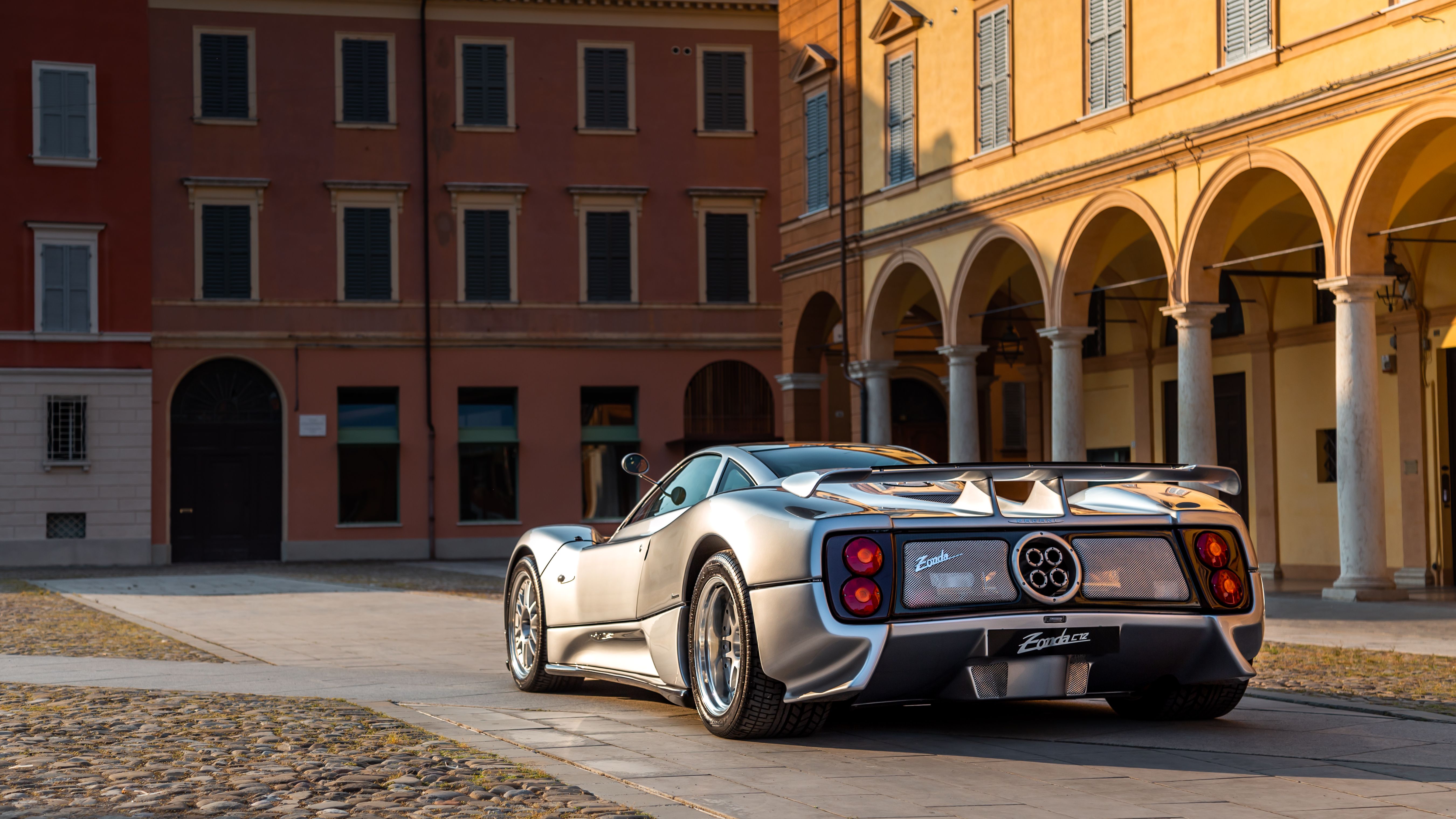 Rear of the silver Pagani Zonda C12 showing the four central exhaust pipes